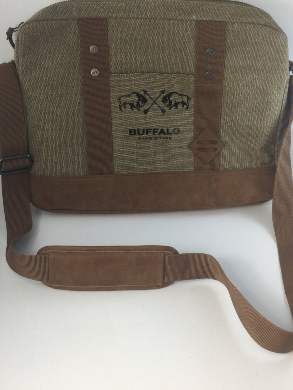 David Bitton Messenger Laptop Bag Canvas Polyester Faux Leather Buffalo Logo